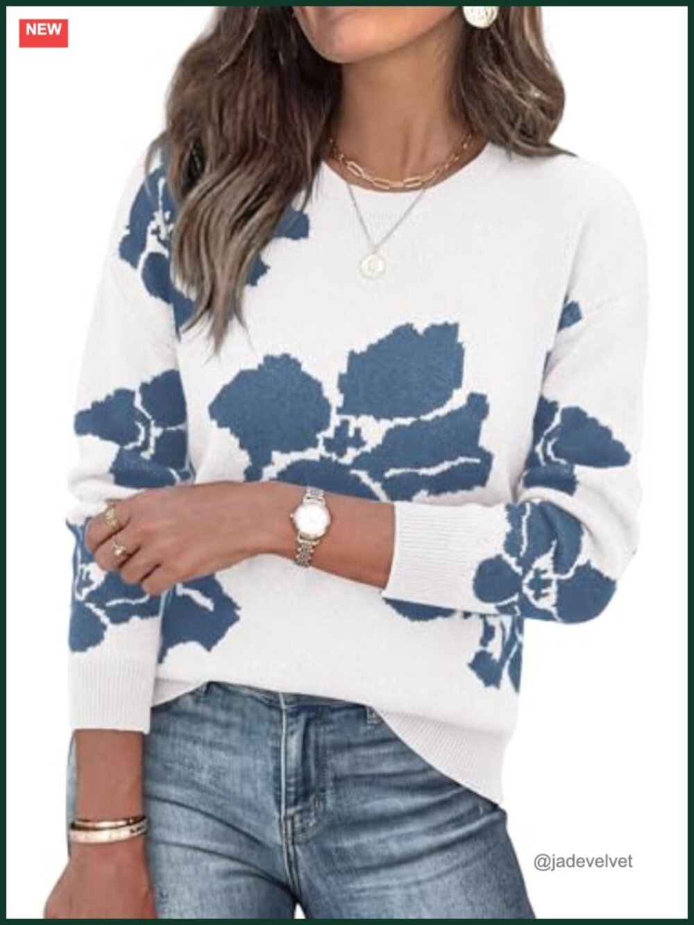 Women's Floral Crewneck Pullover Sweater Soft Knit